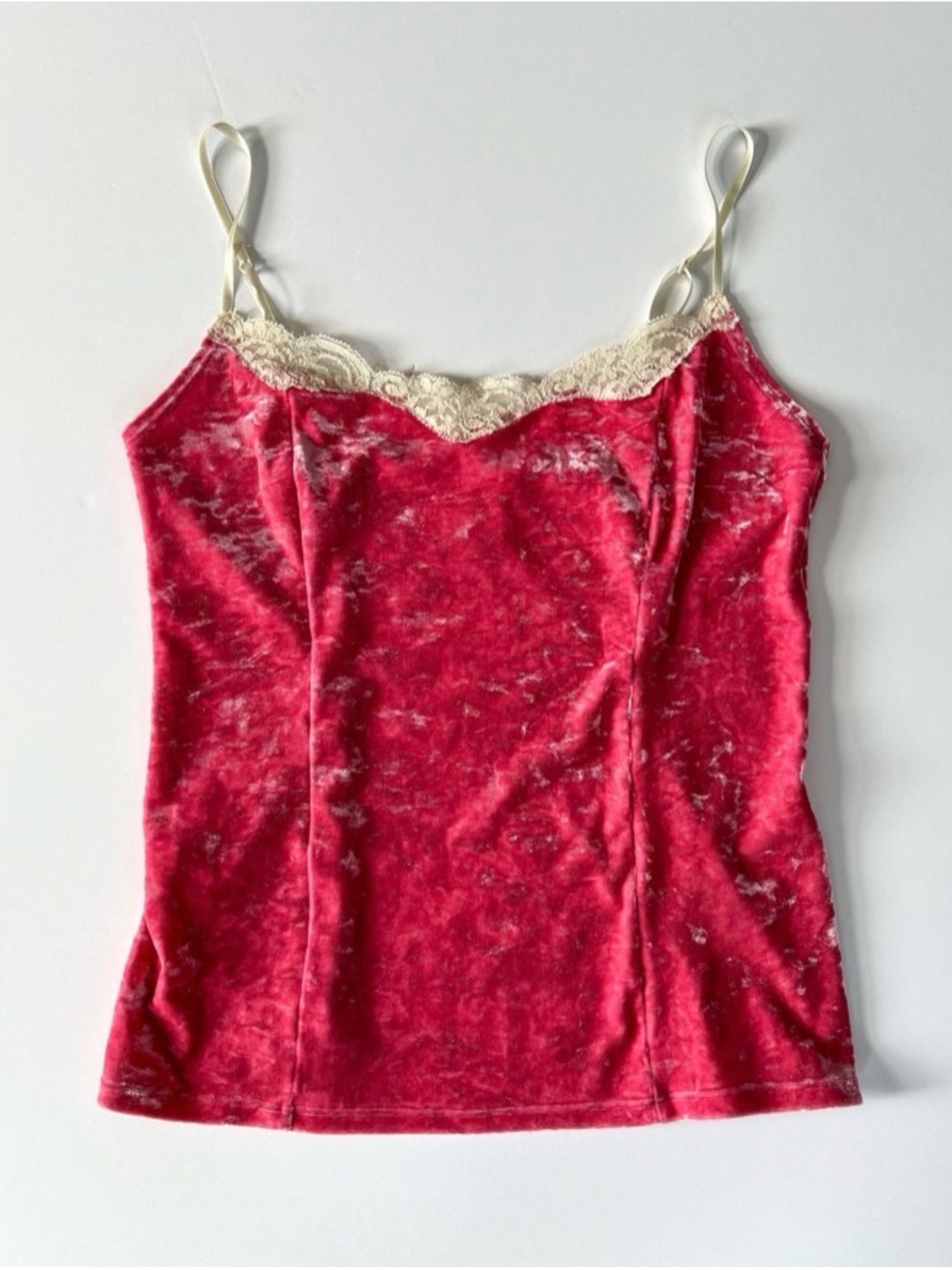 2000s Banana Republic Pink Velvet Camisole with Cream Lace Trim